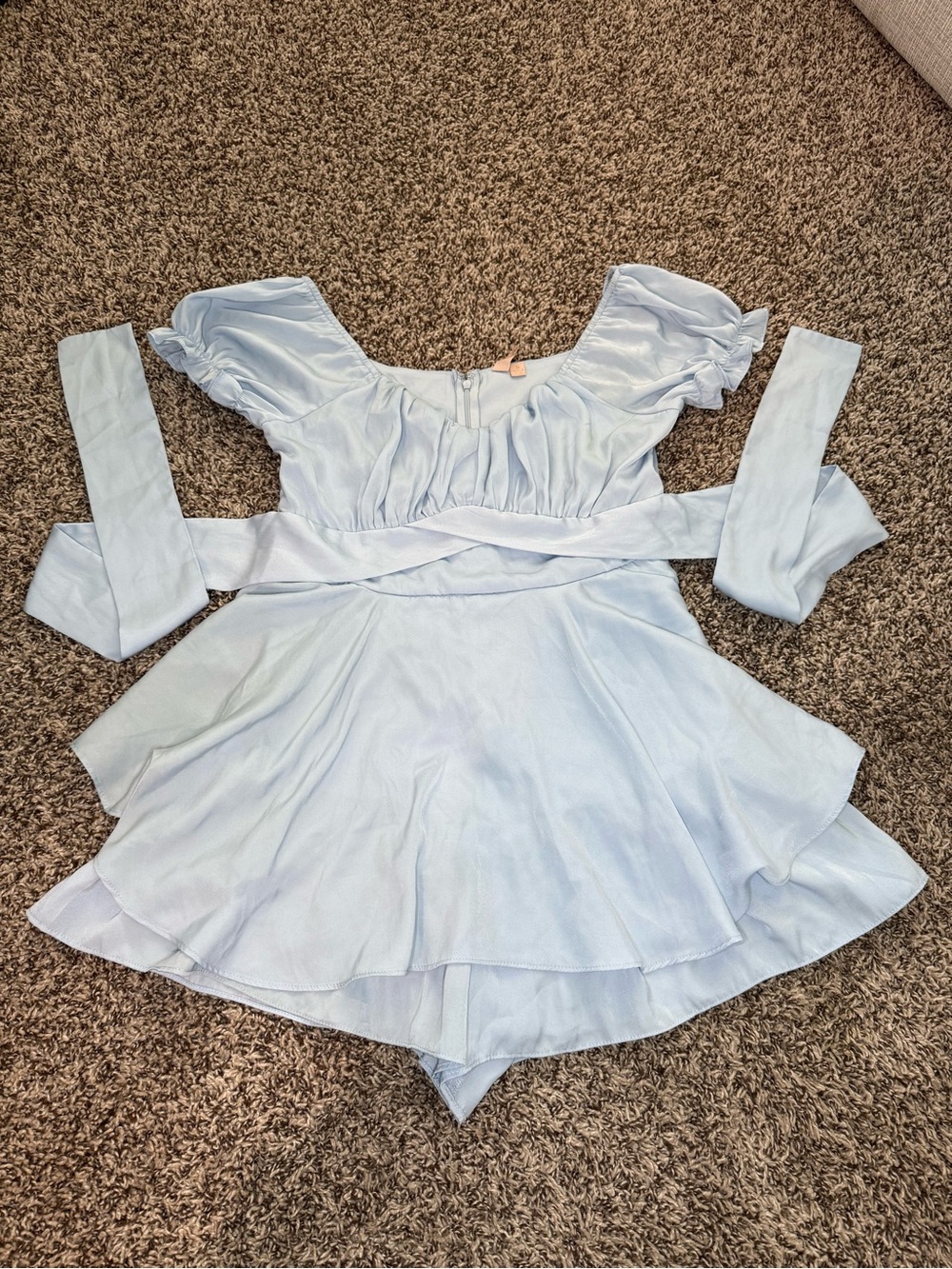 Light Blue Puff Sleeve Wrap Romper
